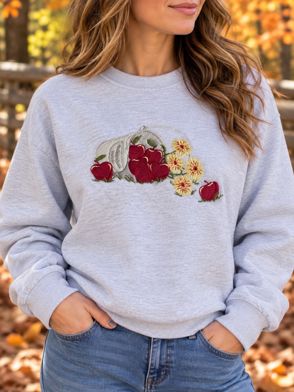 Vintage Classic Elements Embroidered Floral Sweatshirt Gray Crewneck